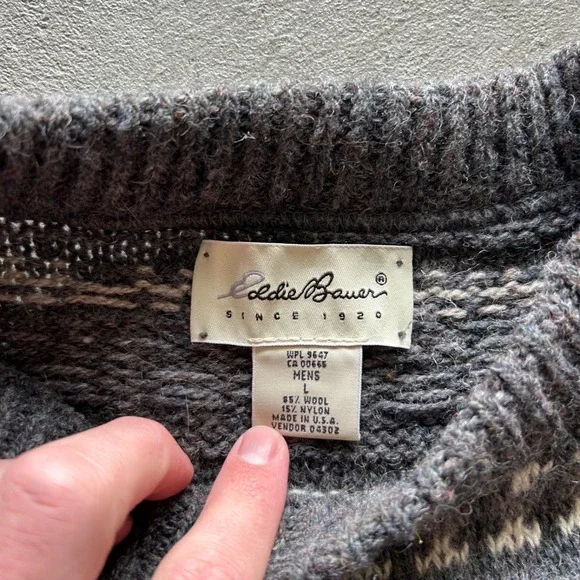 Vintage 90s Eddie Bauer Sweater Size Large Gray Striped Wool Pullover USA Made - Picture 3 of 5